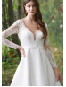 Long Sleeves Ivory Eyelash Lace Satin Awesome Wedding Dress
